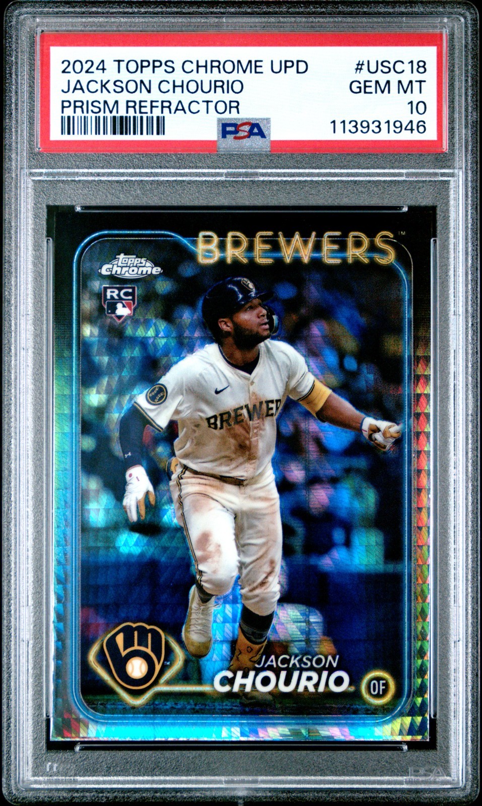 2024 TOPPS CHROME UPDATE PRISM REFRACTOR #USC18 JACKSON CHOURIO ROOKIE RC PSA 10