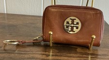 Rare Vintage HTF Brown Leather Zip Around Tory Burch Small Keyring Wallet