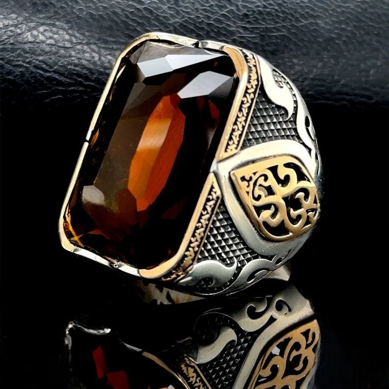 男式银色大号黄水晶石男士纯银戒指 — 第 4/4 张图片