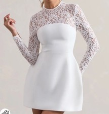 CLUB L LONDON BIRDIE WHITE LACE LONG-SLEEVE MINI DRESS SIZE UK 12