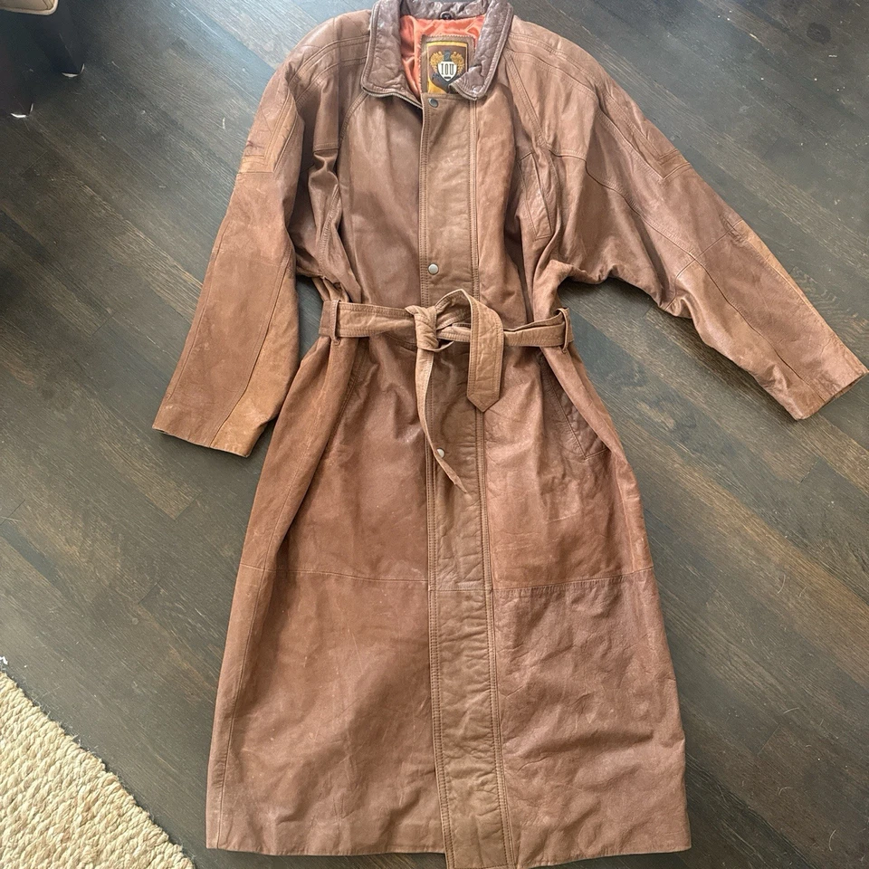 Maxi gabardina de cuero genuino Y2K de colección para mujer talla L marrón mantecoso chaqueta suave