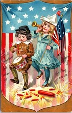 Children Marching with Flag Patriotic Fourth of July Tuck Postcard Firecrackers