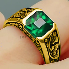 Emerald Men's Ring Solid 14k Yellow Gold Engagement Gift For Engagement Ring Him