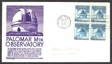 US Anderson First Day Cover - SN 966 Block of 4- Palomar Mountain CA-30 Aug 1948