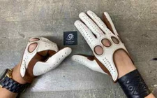 Men's Brown & White Driving Gloves Napa Lambskin & Nubuck Leather