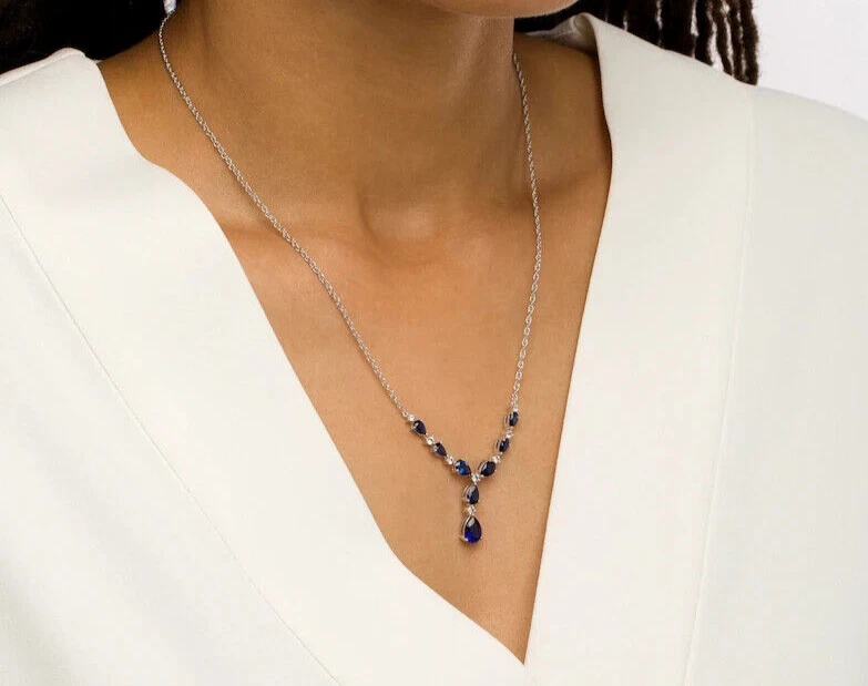 6Ct Pear Lab-Created Sapphire Women's Party Wear Necklace 14K White Gold Plated - Image 4 of 4