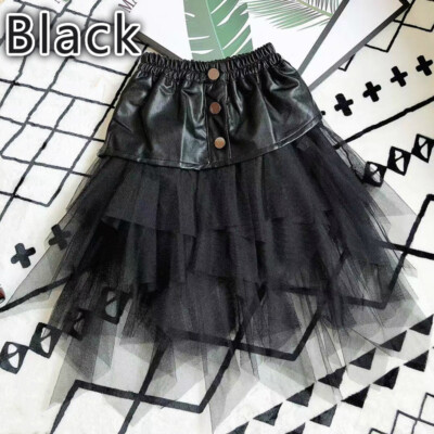 Kids Faux Leather Skirt Mini Girls Mesh Patchwork Tutu Dress