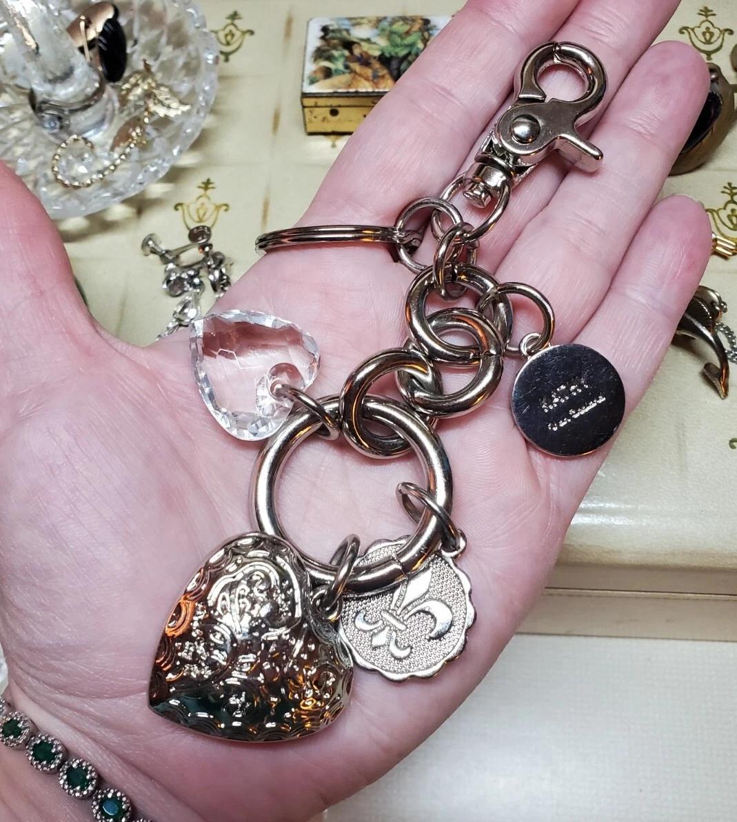 KATHY VAN ZEELAND Silvertone Keychain Chunky Hearts Fleur De Lis