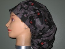 Surgical Scrub Hats/Caps Halloween Black Coffins with Red Rose  bats