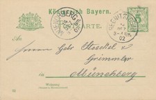 BAYERN ORTSSTEMPEL REGNITZLOSAU K1 und MUENCHBERG (MÜNCHBERG) K1 1902 auf 5 Pf R