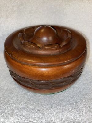 Vintage Rosewood Hand Carved Trinket Box Dark Cherry Brown color