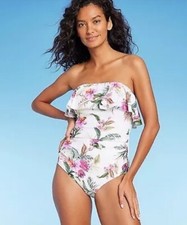 Kona Sol Women's Bandeau Ruched One Piece Swimsuit Full Coverage Swimwear Sz L