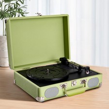 Vinyl Record Player USB Bluetooth 3-Speed Portable Green Suitcase with Speakers
