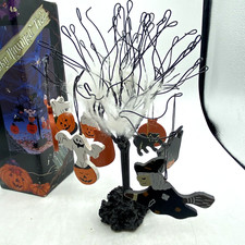 Halloween Tree Haunted Decorated Wooden Spooky Ornaments Pumpkins Bats Ghost 10"