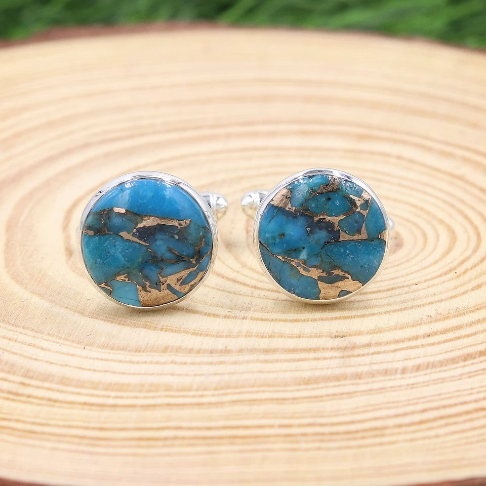 Запонки из стерлингового серебра 925 пробы с голубой медью бирюзой подарок жениху - Изображение 2 из 4