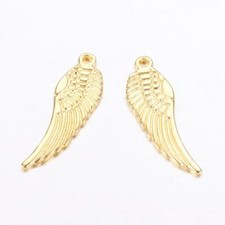 2 Large Angel Wing Pendants Shiny Gold Tone Wing Charms 2 Sided 50mm