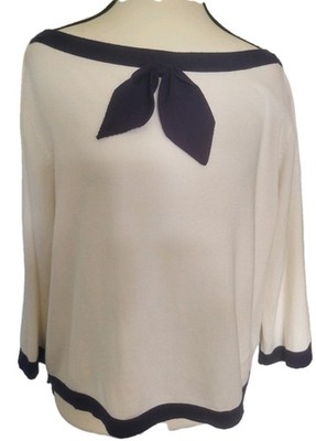 Voodoo Vixen Size XL Off-White Pullover 3/4 Sleeve Sweater Navy Bow Button Back