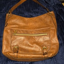 Brown Faux Leather Shoulder Bag with Zipper Buckle Accents Matte Finish Women  s