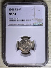 Fiji 1961 6 Six Pence Copper-Nickel ChBU Coin Sea Turtle NGC MS 64 Km#19