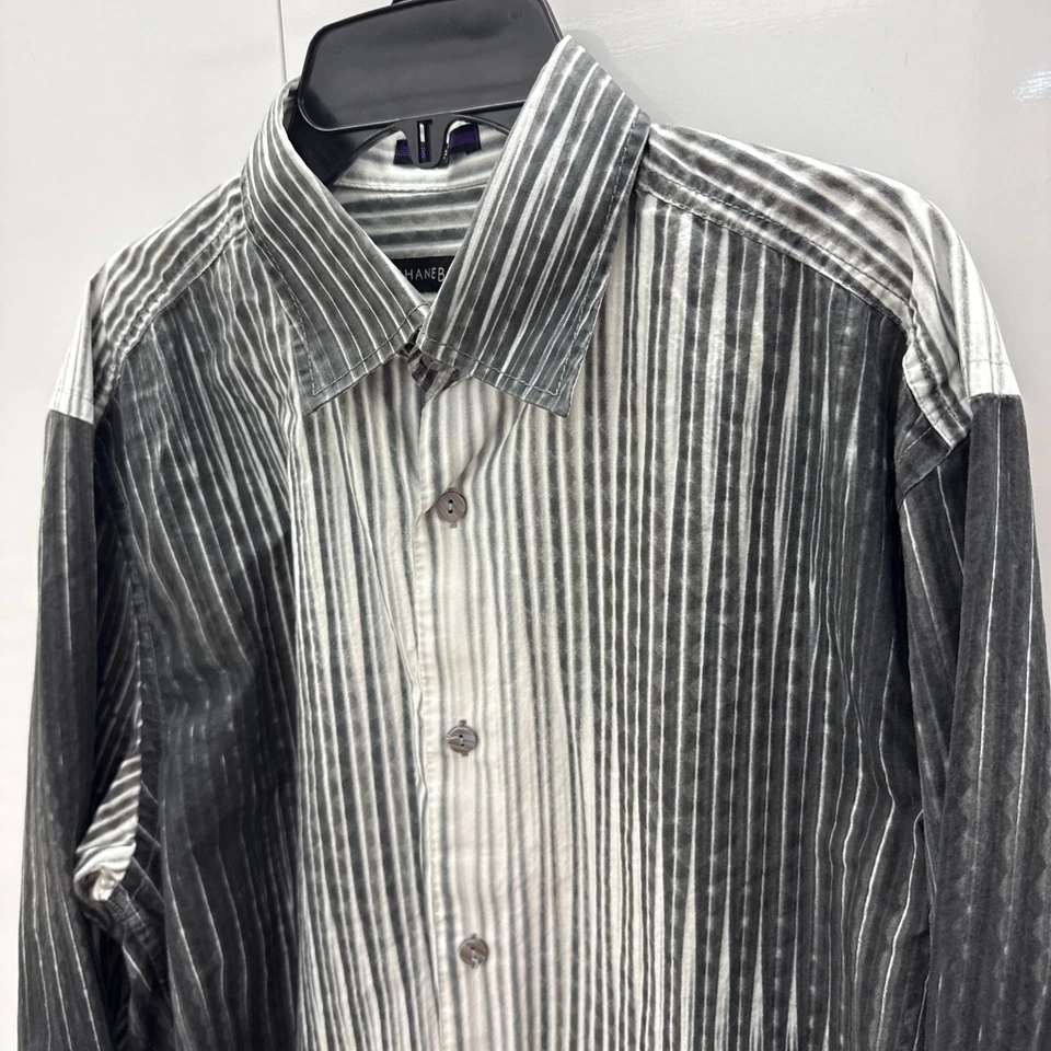 Jhane Barnes Men’s Large Black White Striped Button Up Long Sleeve Shirt - Image 3 of 4