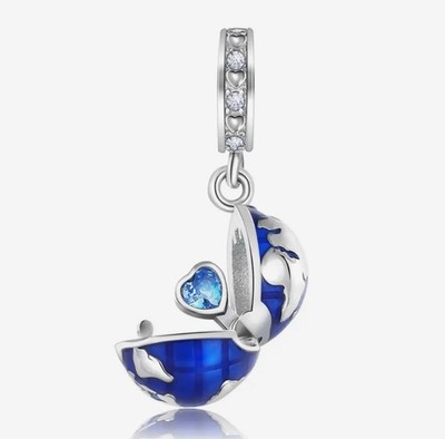   925 Sterling Silber CHARM Anhänger WELTKUGEL ERDE Herz für Armband Kette  