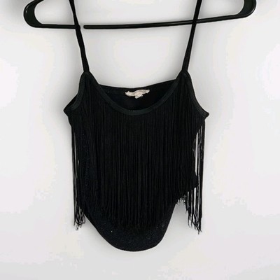 Moa Moa Sparkle Tassel Front Crop Top Black Sleeveless Stretch Festival Sz M