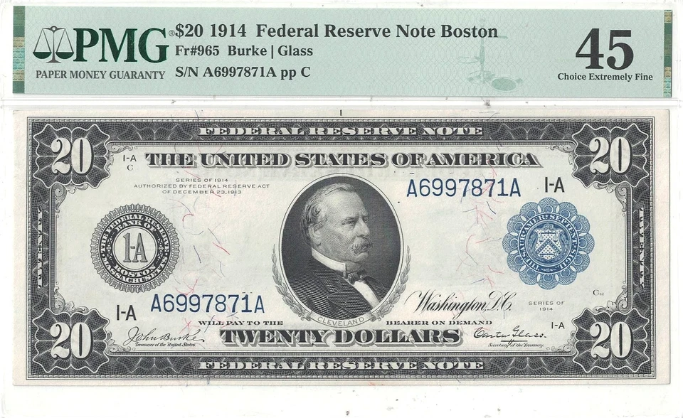 1914 $20 Federal Reserve Note Fr-965 PMG XF-45 - Image 2 of 3