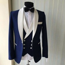 Navy Man Suits White Lapel Wedding Suit Slim Fit 3 Piece Tuxedo Groomsman