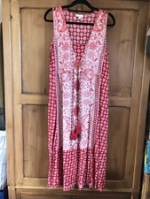 Monsoon Beach Jade Tile Dress UK Small Red Tassels Boho Cotton Linen