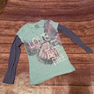 Girl s Mudd Butterfly Love Peace Be Feee Two Layer Graphic Shirt Medium 10/12