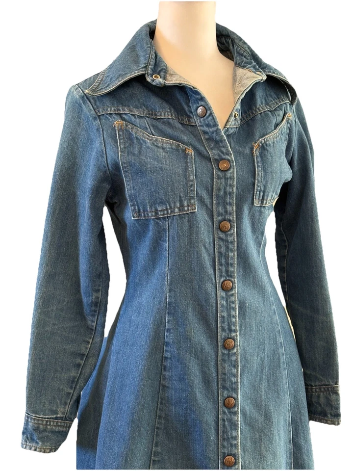 Vestido Midi Vintage Anos 70 Landlubber Azul Jeans Snap Western Cowgirl LEIA - Imagem 2 de 4