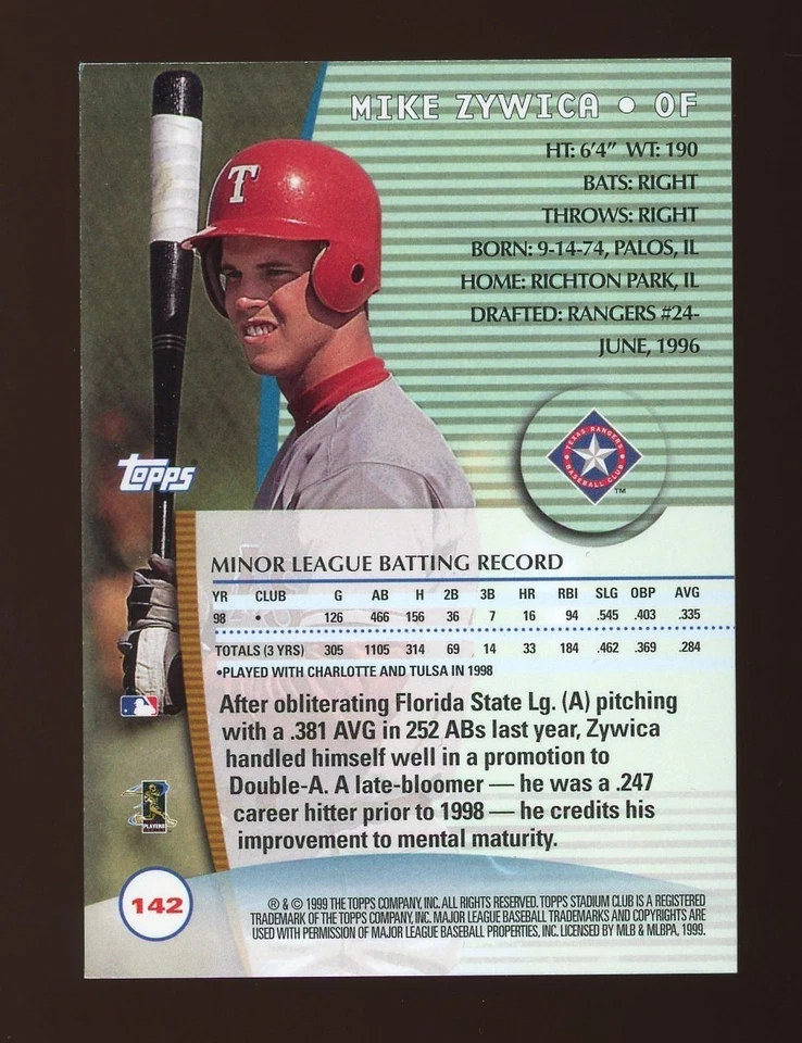 MIKE ZYWICKA 1999 STADIUM CLUB #142 Texas Rangers - Image 2 of 2