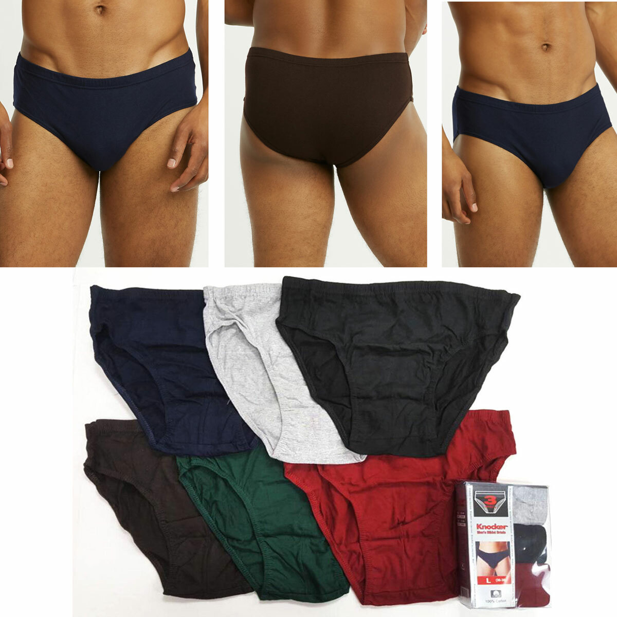 Confezione Da 6 Slip Bikini Uomo, 100% Cotone, Vita Semplice Con Fascia. Taglia Small (28-30), Colori Assortiti. Marca Knocker, Nuovi Con Etichette.