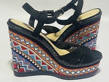 NEW Anthropologie Schutz Black Suede Embellished Embroidered Wedge Heel Sz 7.5