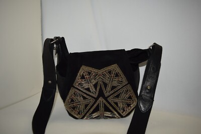 ISABEL MARANT BEADED EMBROIDERED MELLY CALF & GOAT BLACK LEATHER CROSSBODY BAG