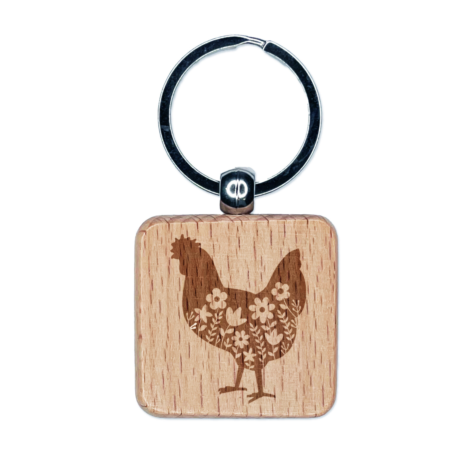 Floral Chicken Engraved Wood Square Keychain Tag Charm