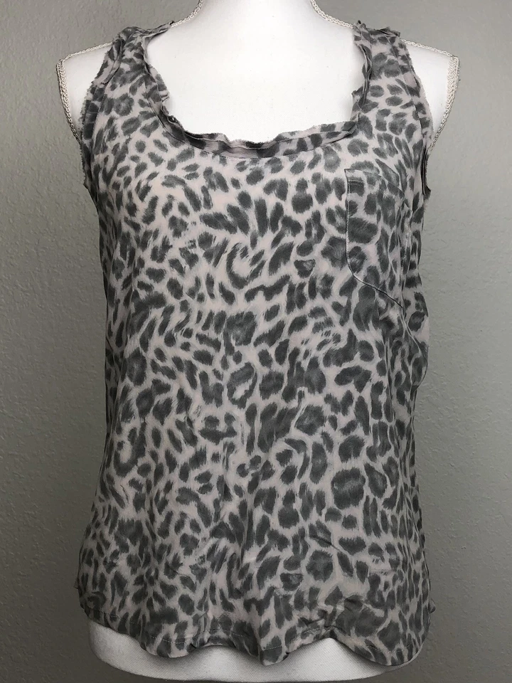 JOIE Mujer PEQUEÑA Gris Estampado Leopardo 100% SEDA ESPALDA DEPORTIVA CAMISETA SIN MANGAS $134 USADA EN EXCELENTE ESTADO Foto 2 de 4