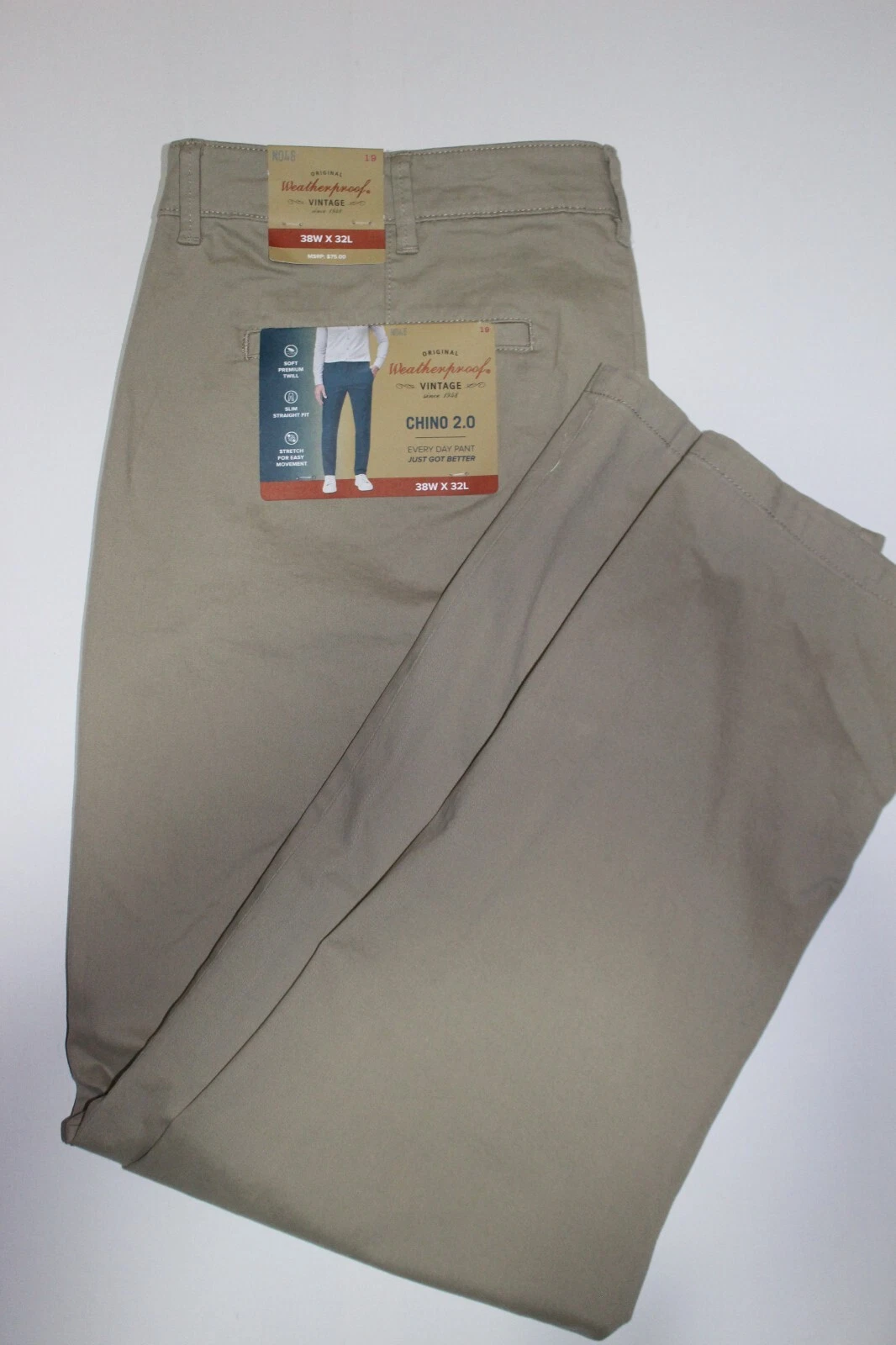 WEATHERPROOF VINTAGE CHINO 2.0 SLIM STRAIGHT FIT KHAKI PANTS SZ: 36 X 30 NWT