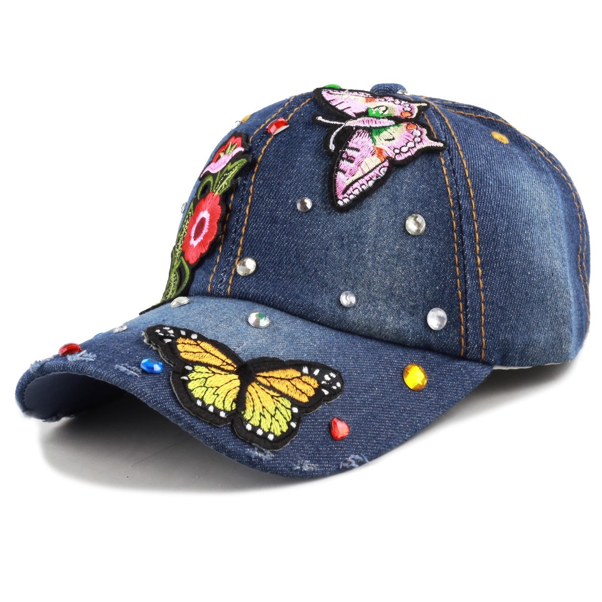 Embroidered Rose Denim Baseball Cap with Rhinestone Accents Denim Bling Hat Rose Flower Embroidery Patch Studded  main image 4