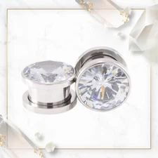 Ear Plugs / Tunnels Pair of Screw Fit with Cubic Zirconia Stone Surgical Steel