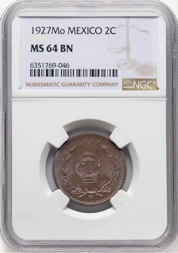 MEXICO ESTADOS UNIDOS 1927  2 CENTAVOS COIN, NGC CERTIFIED UNCIRCULATED MS64-BN
