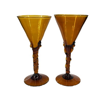 Set (2) Amber Art Glass Wine Glasses Signed James Engebretson 1970s Hand Blown