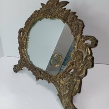 Antique Victorian Style Dressing Mirror Gold Gilt Iron Kissing Cherubs Putti 10"