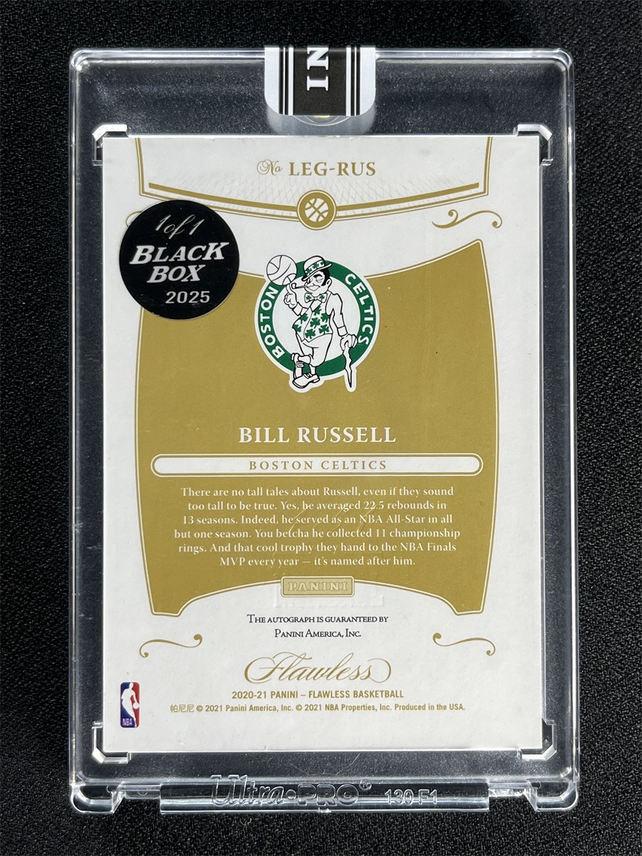 2020-21 Panini Flawless Bill Russell Gold Legendary Scripts Auto Black Box 1/1 view 2