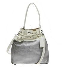 MIU MIU Logo 2Way Drawstring Shoulder Hand Bag Leather White Silver 66EG131