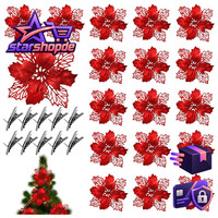 Christbaumschmuck 20 StüCk Glitter Poinsettia KüNstliche Weihnachtsblumen Rot