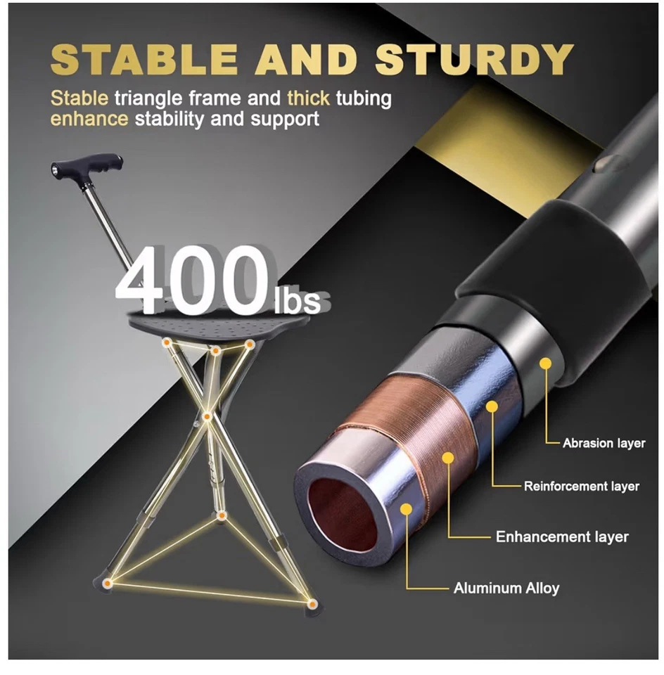 Bastón Plegable de Aleación con Asiento Bastón Ligero Ajustable para Caminar con Asiento Negro Foto 2 de 4