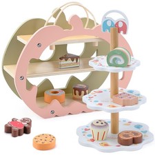 Wooden Toy Tea Party Set, Kids Dessert Playset with Double-Sided Holiday Stand,