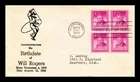 US COVER FIRST DAY OF ISSUE BLOCK OF 4 COMMEMORATING WILL ROGERS BIRTHDATE