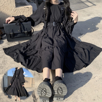 Dress Women Harajuku Gothic Lolita Kawaii Dress Cute Long Sleeve Black Dress 